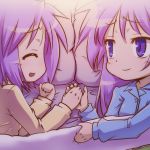  2girls blue_eyes closed_eyes collarbone hair_down hairu hand_holding happy hiiragi_kagami hiiragi_tsukasa long_hair lowres lucky_star multiple_girls pajamas purple_hair short_hair siblings sisters smile tsurime twins 