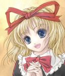  1girl :d alice_margatroid blonde_hair blue_eyes bow bowtie collar female frills hair_ribbon hands_clasped medicine_melancholy open_mouth red_bow red_bowtie red_ribbon ribbon short_hair simple_background smile solo touhou yellow_background yuki_shuuka 
