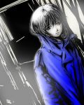  1girl blue blush_response coat monochrome original solo spot_color 