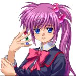  1girl between_fingers blue_eyes blush bow bowtie expressionless hair_bobbles hair_ornament key_(company) little_busters!! long_sleeves looking_at_viewer marble mutsuki_(moonknives) one_side_up pink_bow pink_hair red_bow red_bowtie saigusa_haruka simple_background solo white_background 