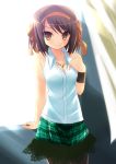  1girl arm_support armband brown_hair casual cosplay hair_ornament hair_ribbon hirano_aya hirano_aya_(cosplay) jewelry necklace no_bra plaid plaid_skirt real_life ribbon seiyuu_connection short_hair skirt solo suzumiya_haruhi suzumiya_haruhi_no_yuuutsu yellow_eyes yukizuki_chikuba 