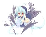  00s 1girl :d ahoge blue_hair crossover izumi_konata kanikama long_sleeves looking_at_viewer lucky_star open_mouth pointing pointing_at_viewer red_eyes rozen_maiden simple_background smile solo suigintou white_background 