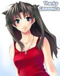  1girl azu black_hair blue_eyes blush brown_hair cross cross_earrings earrings fate/stay_night fate_(series) hair_ribbon hits jewelry long_hair necklace pendant ribbon sleeveless smile solo tank_top tohsaka_rin twintails two_side_up 