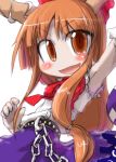 1girl armpits belt blush bow chains female hair_bow horns ibuki_suika looking_at_viewer open_mouth orange_eyes orange_hair outstretched_arm purple_skirt red_bow simple_background skirt solo tao tao_(kadoya) touhou white_background wrist_cuffs 