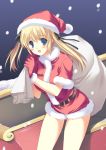  1girl belt blonde_hair blue_eyes blush christmas gloves hair_ribbon hat leaning_forward legs long_hair louis&amp;visee night original red_gloves ribbon sack santa_costume santa_hat shorts snow snowing solo twintails 