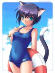  animal_ears black_hair blue_eyes blue_hair cat_ears cat_tail innertube one-piece_swimsuit saeki_hokuto school_swimsuit short_hair swimsuit tail 