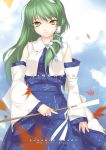  1girl female green_hair japanese_clothes kochiya_sanae long_hair miko outdoors rokuwata_tomoe sky solo touhou 