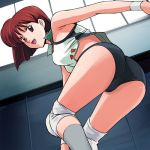  1girl 90s aritaka_mizuho ashita_e_free_kick ashita_he_free_kick ass brown_eyes brown_hair buruma from_below gym_uniform haruyama_kazunori knee_pads lowres short_hair solo 