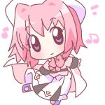  1girl blue_eyes bow cape caro_ru_lushe chibi coat hat lowres lyrical_nanoha magical_girl mahou_shoujo_lyrical_nanoha mahou_shoujo_lyrical_nanoha_strikers mirai_(sugar) musical_note pink_bow pink_hair quaver short_hair simple_background solo white_background 