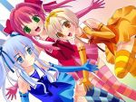  3boys blue_eyes blue_hair bow detached_sleeves duplicate green_eyes hair_bow hair_ribbon jpeg_artifacts male_focus momose_hikari multiple_boys okina_aiko pink_hair puru_moe_angel_idol_aiko ribbon sawada_kumi short_hair thigh-highs trap twintails yellow_eyes zettai_ryouiki 