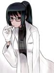  1girl black_hair cigarette glasses gloves labcoat smoking solo 