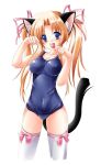  1girl animal_ears blonde_hair blue_eyes cat_ears cat_tail one-piece_swimsuit paw_pose school_swimsuit solo swimsuit tail thigh-highs twintails 