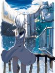  1girl dress fence from_behind konatsu_karasu original short_hair snow snowing solo turtleneck white_hair wind_lift 