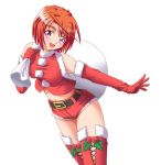  1girl ahoge bare_shoulders blush christmas denim denim_shorts elbow_gloves gloves hirorin hood hoodie matatabi_(2ccp) midriff my-hime my-otome open_clothes open_hoodie orange_hair outstretched_arm red_gloves redhead sack santa_costume short_hair shorts simple_background solo thigh-highs tokiha_mai violet_eyes zettai_ryouiki 