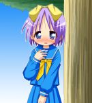  blue_eyes blush hair_ribbon hiiragi_tsukasa lucky_star minami_(colorful_palette) purple_hair ribbon school_uniform serafuku short_hair 