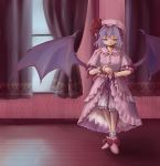  1girl bat_wings bloomers dress dress_lift female hat indoors kazuhane remilia_scarlet skirt skirt_lift solo touhou underwear wings 