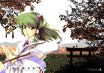  1girl arch azuma_shoujuan detached_sleeves female green_eyes green_hair holding kochiya_sanae long_sleeves looking_at_viewer nontraditional_miko oonusa outdoors photo simple_background solo torii touhou white_background 