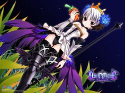  19 19_(kaitou19) 1girl armor armored_dress blush boots copyright_name crown dress eating gwendolyn logo odin_sphere panties polearm short_hair spear strapless strapless_dress underwear violet_eyes weapon white_hair 