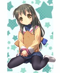  1girl clannad ibuki_fuuko long_hair low-tied_long_hair pantyhose school_uniform serafuku solo star starfish starry_background tied_hair uni 