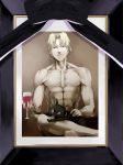  1boy alcohol black_cat blonde_hair cat cupping_glass darker_than_black frame funeral iei male_focus manly mao_(darker_than_black) muscle november_11 nude photo_(object) solo spoilers u_(the_unko) what wine 