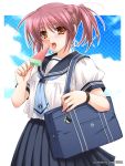  food fruit melon pink_hair saeki_hokuto school_uniform serafuku watermelon yellow_eyes 