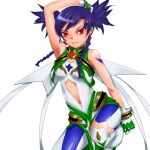  1girl arm_up armpits bare_shoulders bodysuit braid center_opening contrapposto cowboy_shot gloves looking_at_viewer my-otome navel nina_wang purple_hair red_eyes rokuichi short_hair_with_long_locks simple_background solo spiky_hair standing stomach twin_braids twintails white_background white_gloves 