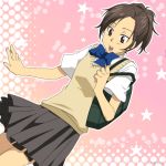  1girl backpack bag brown_eyes brown_hair female katekyo_hitman_reborn lowres miura_haru pleated_skirt polka_dot randoseru school_uniform serafuku skirt solo star student uniform vest 