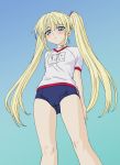  00s 1girl blonde_hair blue_eyes buruma from_below genshiken gradient gradient_background gym_uniform okiyumi_kase solo susanna_hopkins twintails 