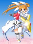  1girl fingerless_gloves gloves lyrical_nanoha magic_circle magical_girl mahou_shoujo_lyrical_nanoha mahou_shoujo_lyrical_nanoha_strikers panties raising_heart solo t2r takamachi_nanoha thigh-highs twintails underwear waist_cape 