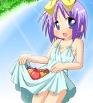  apple dress food fruit grapes hair_ribbon hiiragi_tsukasa lucky_star minami_(colorful_palette) orange purple_hair ribbon short_hair strawberry sundress 