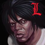  1boy black black_eyes black_hair crossover dark_skin dark_skinned_male death_note fusion l_(death_note) lips lowres male_focus namesake parody real_life real_life_insert sakkan samuel_l_jackson solo very_dark_skin 