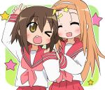  2girls ;o ^_^ ^o^ blush brown_hair closed_eyes cowboy_shot fang hair_between_eyes hairband ixy kusakabe_misao long_hair long_sleeves lucky_star minegishi_ayano multiple_girls neckerchief one_eye_closed orange_hair red_skirt sailor_collar school_uniform serafuku shirt skirt star tooth very_long_hair white_shirt yellow_eyes 