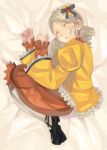  00s 1girl black_shoes blush closed_eyes drill_hair frills from_above full_body hair_ornament heart_hair_ornament kabocha kanaria long_sleeves lying on_side orange_skirt puffy_long_sleeves puffy_sleeves rozen_maiden saliva shirt shoes short_hair skirt sleeping solo twin_drills yellow_shirt 