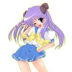  1girl hiiragi_kagami long_hair lucky_star mikiharu one_eye_closed purple_hair school_uniform serafuku solo 