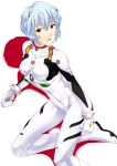  1girl ayanami_rei bangs blue_hair bodysuit bracer breasts clenched_hands erect_nipples from_side gloves hair_between_eyes hair_ornament looking_at_viewer mizuki_makoto neon_genesis_evangelion one_knee parted_lips pilot_suit plugsuit red_eyes shadow short_hair simple_background small_breasts solo turtleneck white_background 