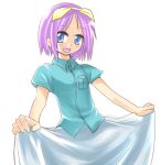  1girl :d blue_eyes blue_skirt cowboy_shot hane_(hanegoya) hiiragi_tsukasa looking_at_viewer lucky_star open_mouth outstretched_arms pink_hair short_hair simple_background skirt smile solo white_background 