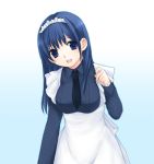  1girl apron black_necktie blue_eyes blue_hair breasts gradient gradient_background large_breasts long_sleeves looking_at_viewer maid maid_apron maid_headdress necktie original simple_background solo usashiro_mani waist_apron 