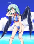  1girl antenna_hair aqua_hair bikini black_wings blue_eyes blush breasts cleavage clouds green_hair kamyu large_breasts leaning_forward navel ocean original outdoors short_hair sky solo swimsuit utawareru_mono water wings yn1982 