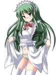  1girl blue_eyes glasses green_hair hayate_no_gotoku! kijima_saki long_hair maid midriff panties shinshin solo striped striped_panties thigh-highs underwear 