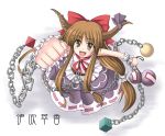  1girl bow brown_eyes brown_hair chains clenched_hand fang female from_above gourd hair_bow horns ibuki_suika iseki_mitsuharu long_hair looking_at_viewer mitsuharu_iseki open_mouth red_bow red_ribbon ribbon simple_background skirt sleeveless smile solo touhou white_background wrist_cuffs 