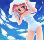  1girl green_eyes mimukamu one-piece_swimsuit redhead sky solo swimsuit towel towel_on_head 