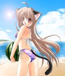  1girl animal_ears beach bikini cat_ears cat_tail food fruit holding holding_fruit kamiya_tomoe original solo swimsuit tail watermelon 
