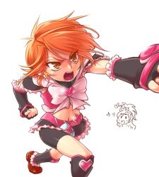  00s 2girls angry bike_shorts boots brown_eyes cure_black cure_white elbow_gloves fingerless_gloves futari_wa_precure gloves hairu heart knee_boots lowres magical_girl miniskirt misumi_nagisa multiple_girls navel orange_hair precure punching short_hair shorts_under_skirt skirt white_background yukishiro_honoka 