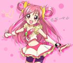  1girl bike_shorts blush butterfly crop_top cure_dream detached_sleeves earrings heart ixy jewelry long_hair magical_girl midriff outstretched_arms pink pink_background pink_eyes pink_hair precure shorts_under_skirt skirt solo spread_arms translation_request very_long_hair watch watch yes!_precure_5 yumehara_nozomi 