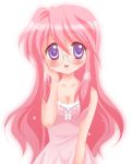  1girl blush breasts cleavage dress glasses long_hair lowres lucky_star medium_breasts pink_hair solo takara_miyuki violet_eyes 