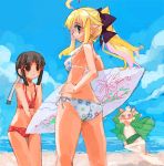  1boy 2girls :3 aqua_eyes beach bikini blonde_hair brown_eyes brown_hair momiji_mao multiple_girls ponytail surfboard swimsuit 