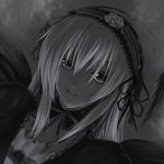  00s 1girl dark dutch_angle lowres monochrome portrait rozen_maiden ryuushou smile solo suigintou 