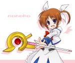  00s 1girl bow character_name kamoi_hayato lyrical_nanoha magical_girl mahou_shoujo_lyrical_nanoha raising_heart red_bow redhead solo takamachi_nanoha twintails violet_eyes 