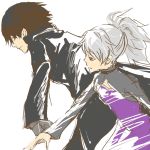  1boy 1girl brown_hair darker_than_black dress expressionless from_side hand_holding hei jacket long_sleeves lowres profile purple_dress red_eyes running silver_hair simple_background upper_body white_background yin 