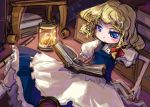  1girl apron blonde_hair blue_eyes bobby_socks book book_stack bow braid breasts chair female hair_bow indoors kirisame_marisa lantern puffy_short_sleeves puffy_sleeves reading red_bow short_sleeves single_braid sitting sketch skirt small_breasts socks solo tao tao_(kadoya) touhou vest white_legwear 